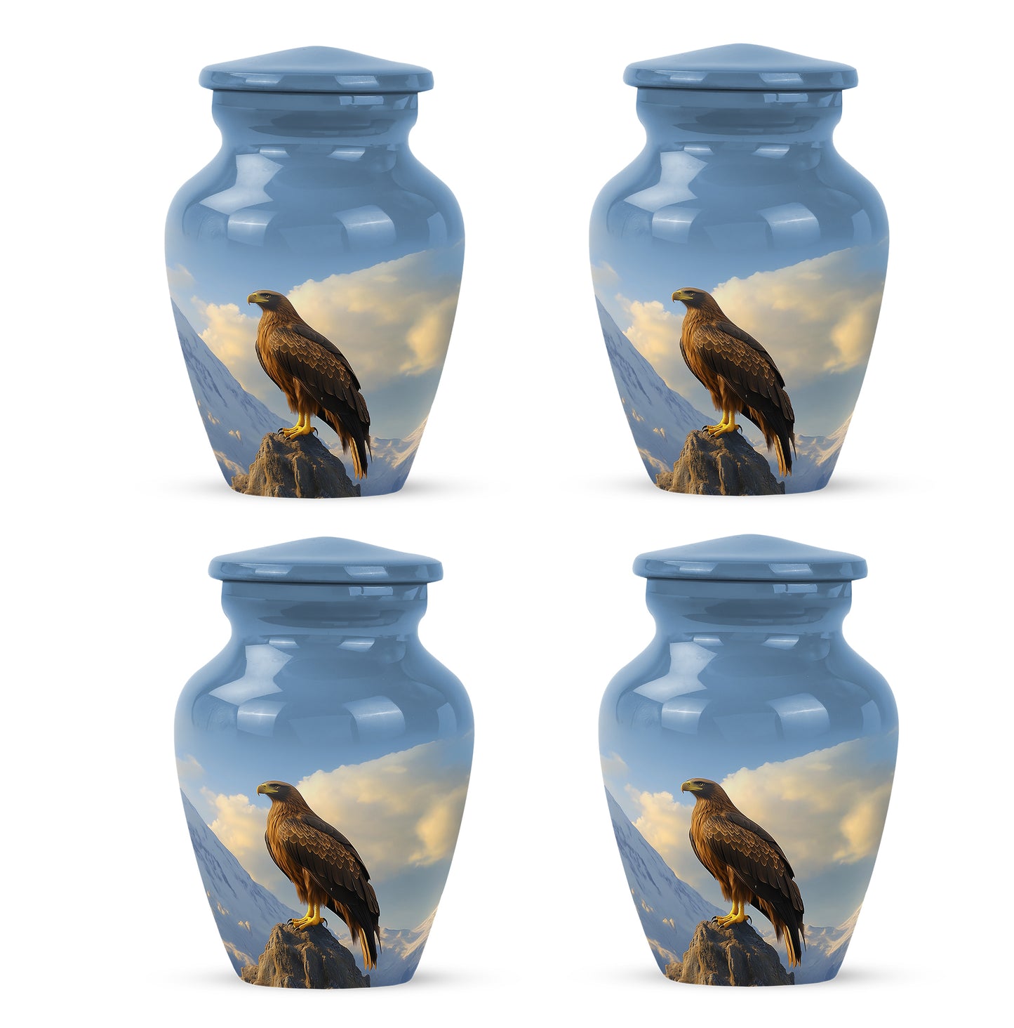 Misty Blue Eagle Cremation Urn side profile showing urn shape - timeless eagle motif etched into premium metal - 10 inch aluminum urn for cremated remains