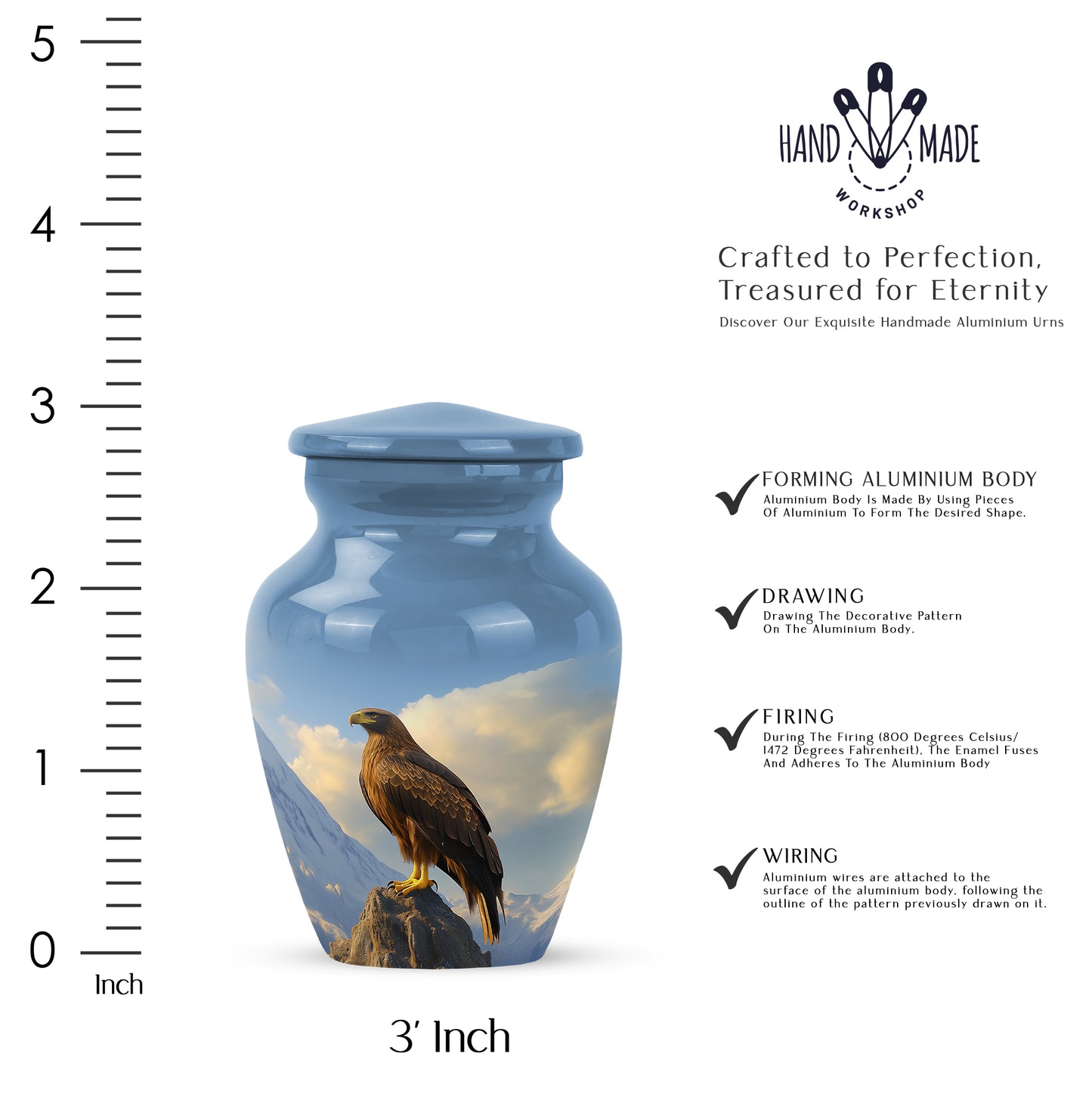 Azure Eagle Cremation Urn close-up of engraving and surface detail - classic sculpted eagle pattern on smooth aluminum - mini keepsake memorial for portion of cremation ashes