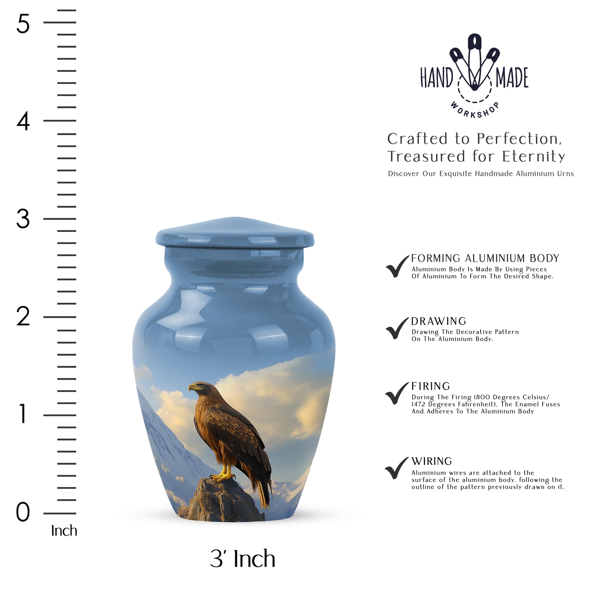 Azure Eagle Cremation Urn close-up of engraving and surface detail - classic sculpted eagle pattern on smooth aluminum - mini keepsake memorial for portion of cremation ashes