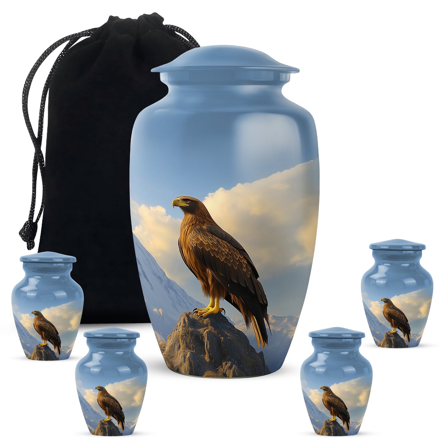Indigo Eagle Cremation Urn top-down view of secure threaded lid - timeless eagle motif etched into premium metal - memorial set with one large and four small urns
