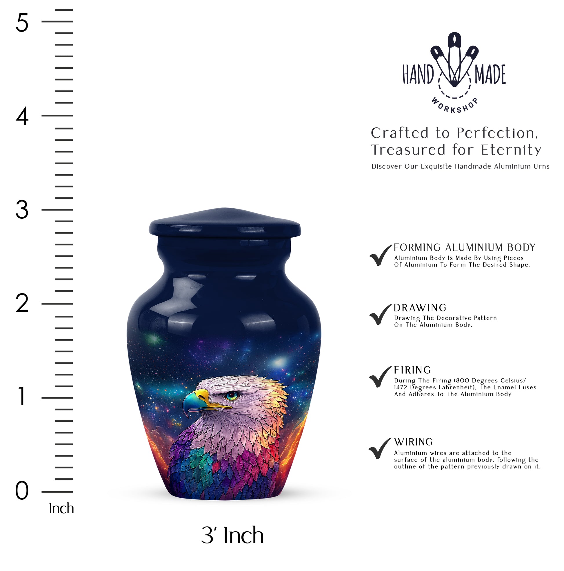 Icy Blue Eagle Cremation Urn close-up of engraving and surface detail - timeless eagle motif etched into premium metal - mini keepsake memorial for portion of cremation ashes
