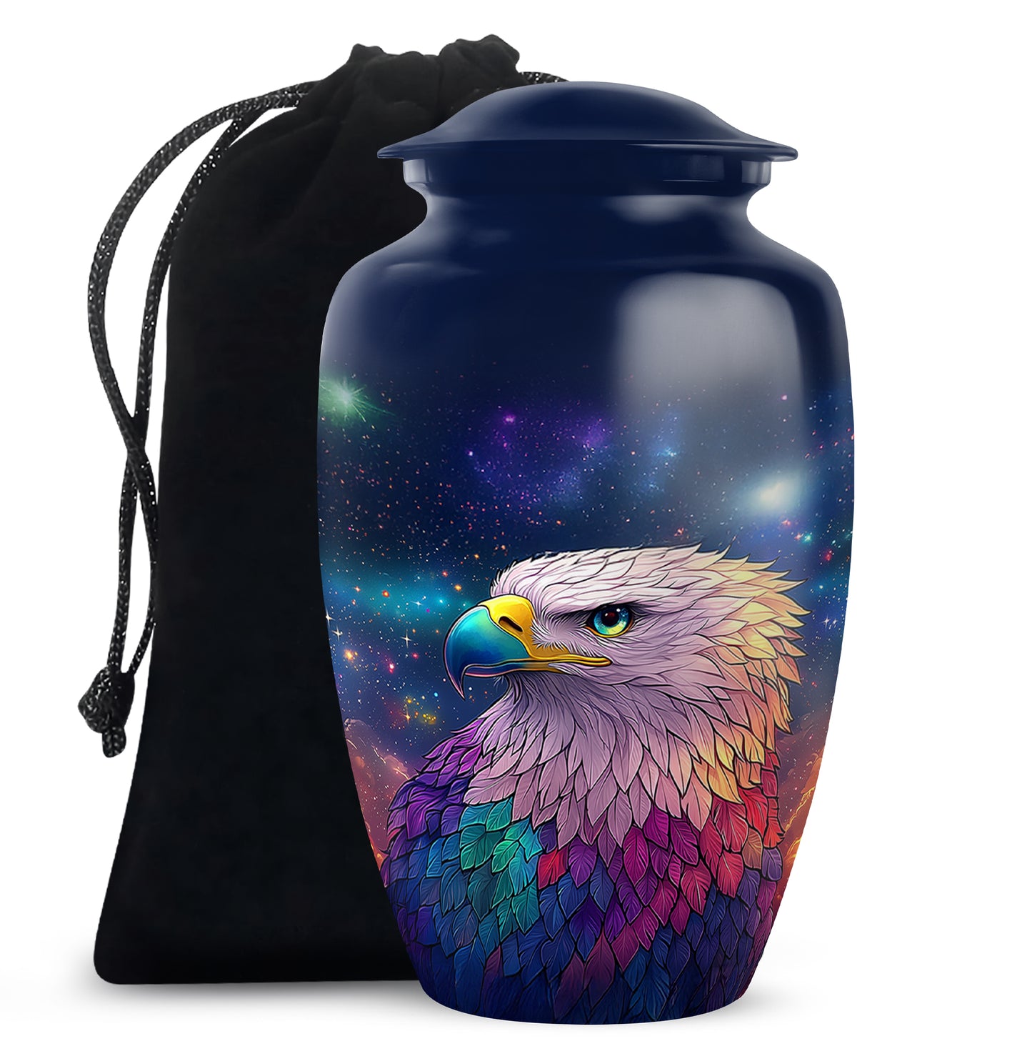 Steel Blue Eagle Cremation Urn angled view of lid and engraved motif - traditional eagle engraving with hand-polished finish - full-size 10 inch 200 cubic inch adult cremation urn