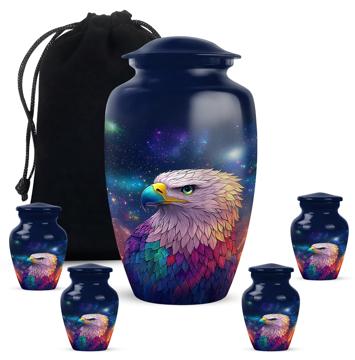 Pastel Blue Eagle Cremation Urn top-down view of secure threaded lid - classic sculpted eagle pattern on smooth aluminum - memorial set with one large and four small urns