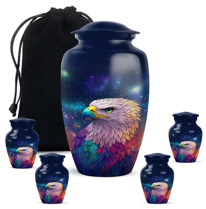Pastel Blue Eagle Cremation Urn top-down view of secure threaded lid - classic sculpted eagle pattern on smooth aluminum - memorial set with one large and four small urns