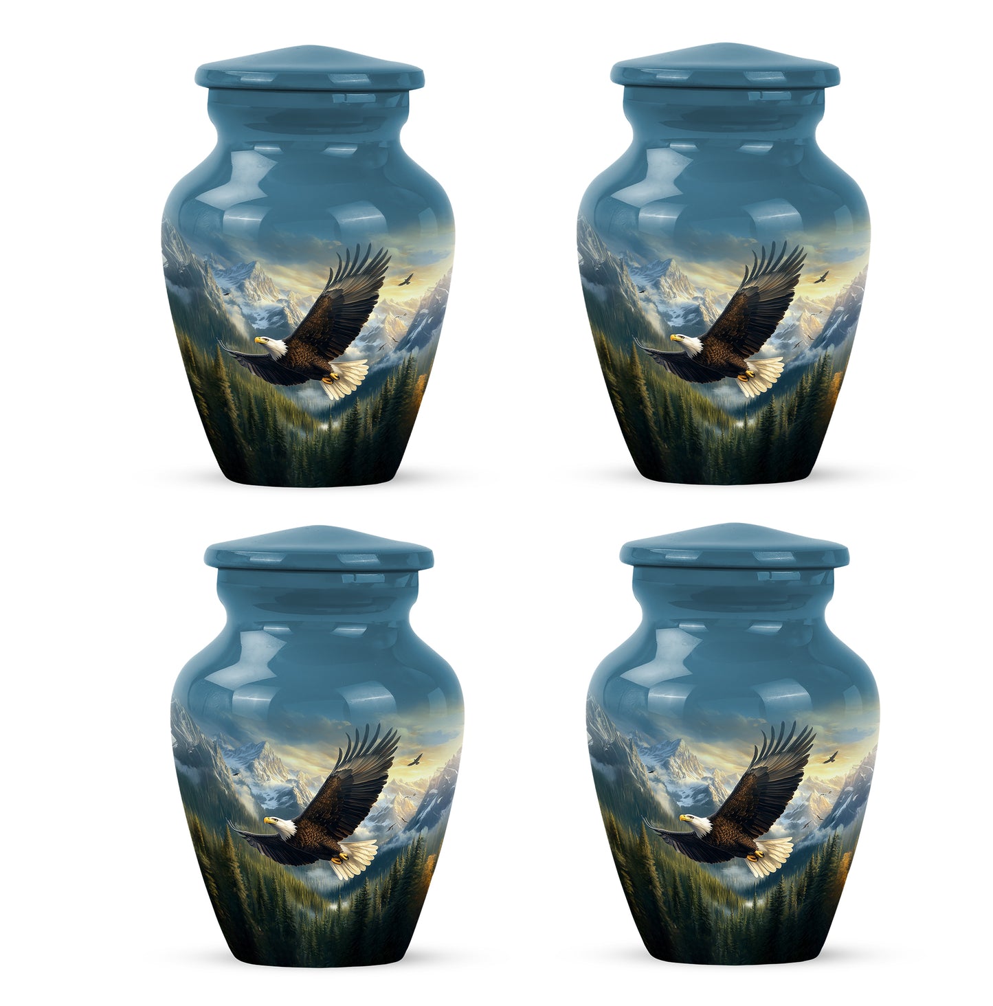 Twilight Blue Eagle Cremation Urn side profile showing urn shape - traditional eagle engraving with hand-polished finish - 10 inch aluminum urn for cremated remains