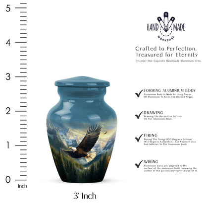 Celestial Blue Eagle Cremation Urn close-up of engraving and surface detail - timeless eagle motif etched into premium metal - mini keepsake memorial for portion of cremation ashes