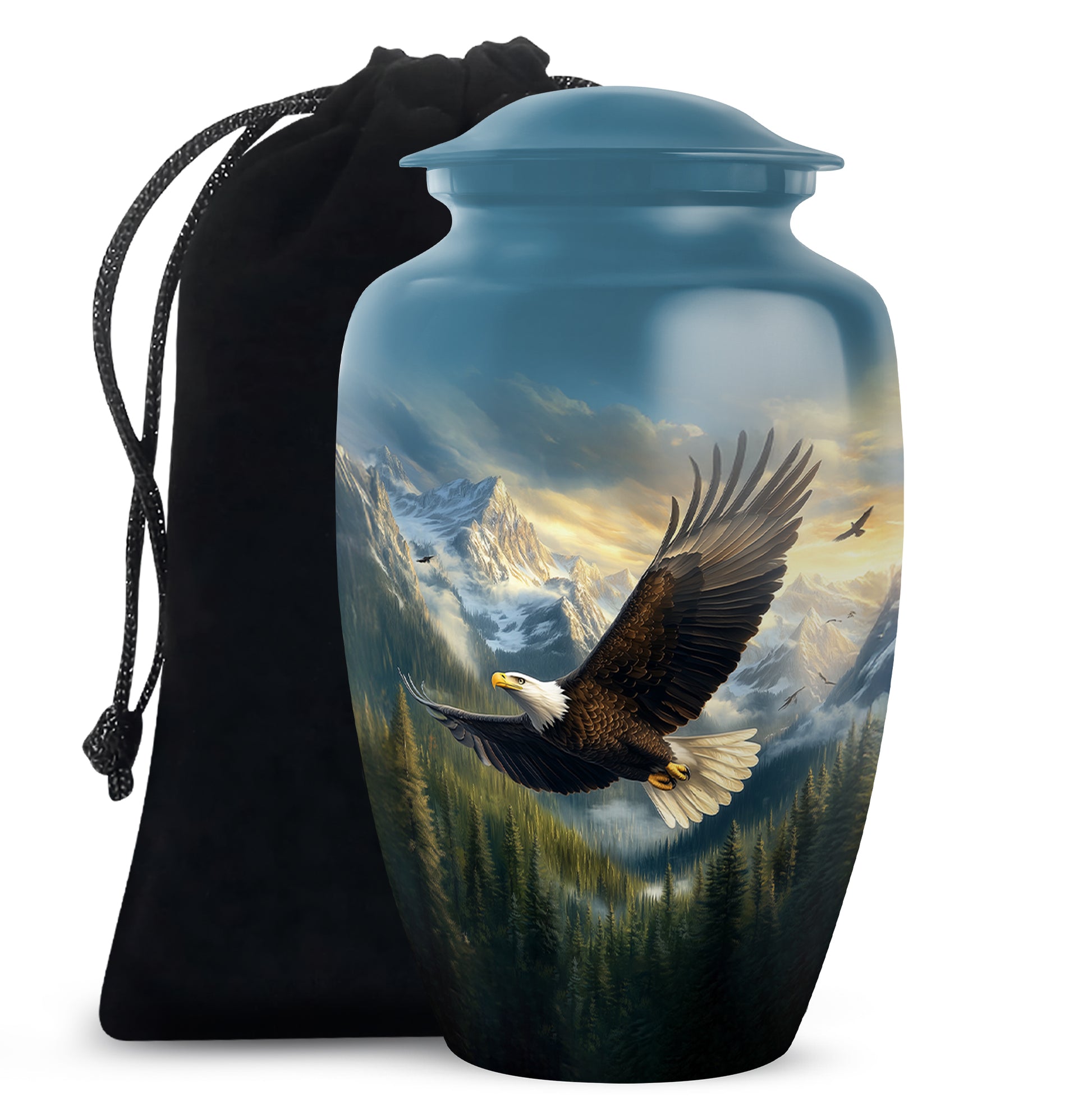 Serene Blue Eagle Cremation Urn angled view of lid and engraved motif - elegant classic eagle relief with fine detailing - full-size 10 inch 200 cubic inch adult cremation urn