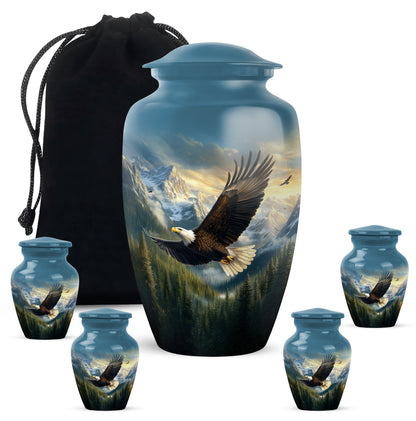 Sapphire Blue Eagle Cremation Urn top-down view of secure threaded lid - elegant classic eagle relief with fine detailing - memorial set with one large and four small urns