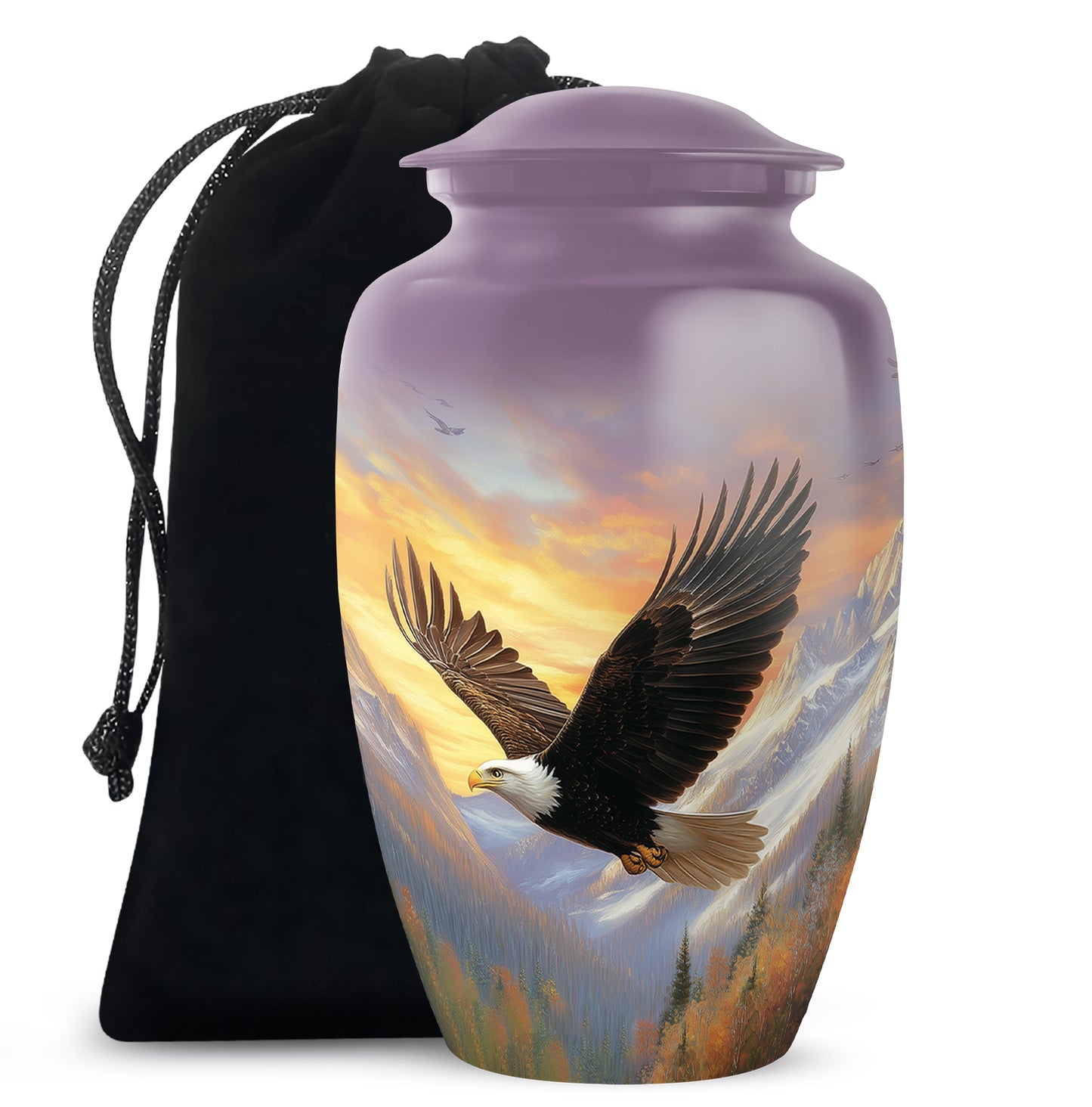 Pastel Pink Eagle Cremation Urn angled view of lid and engraved motif - classic sculpted eagle pattern on smooth aluminum - full-size 10 inch 200 cubic inch adult cremation urn