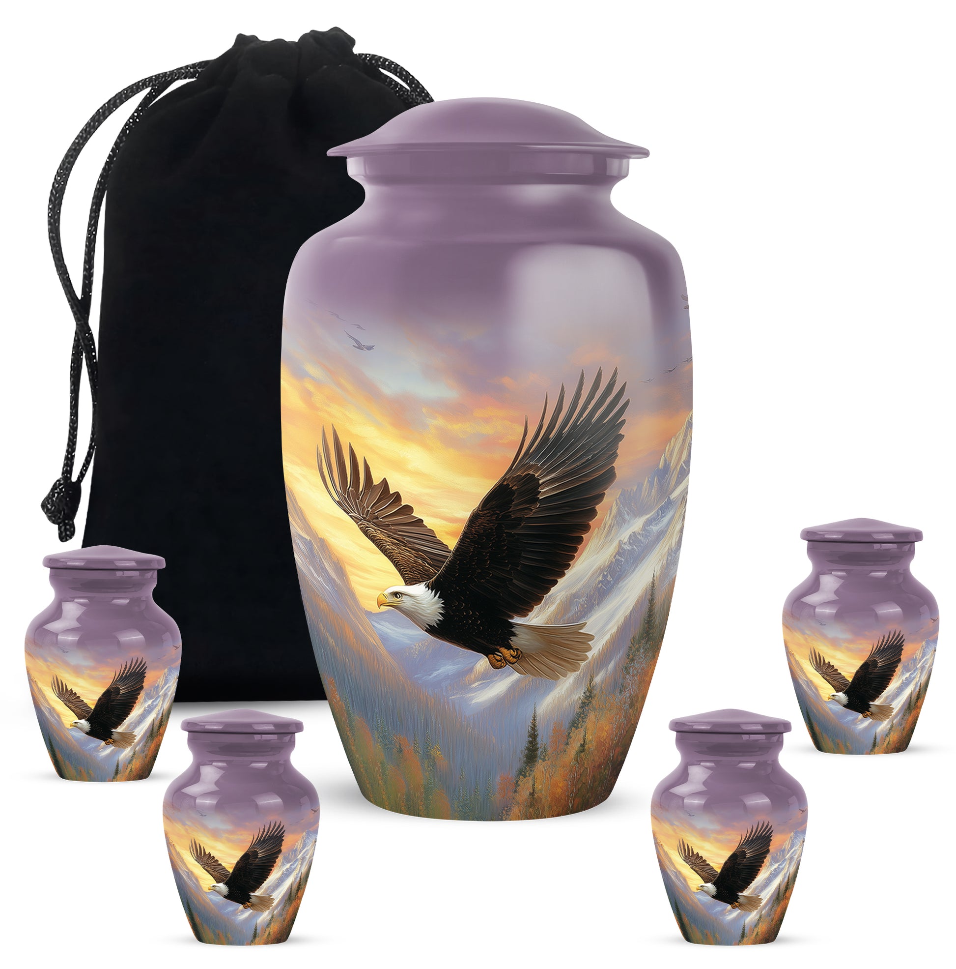 Blush Pink Eagle Cremation Urn top-down view of secure threaded lid - classic sculpted eagle pattern on smooth aluminum - memorial set with one large and four small urns