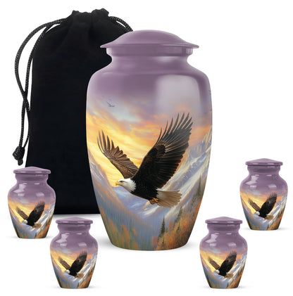 Blush Pink Eagle Cremation Urn top-down view of secure threaded lid - classic sculpted eagle pattern on smooth aluminum - memorial set with one large and four small urns