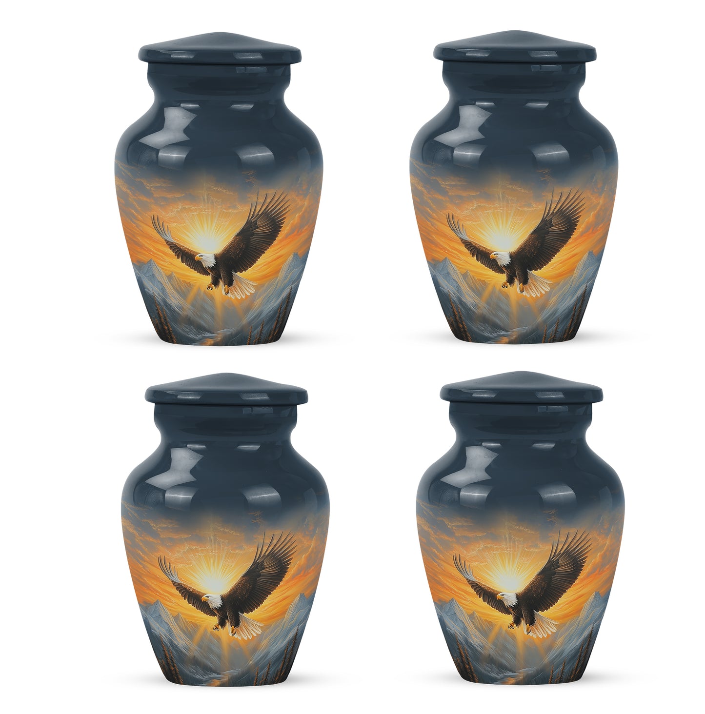 Indigo Eagle Cremation Urn side profile showing urn shape - classic sculpted eagle pattern on smooth aluminum - 10 inch aluminum urn for cremated remains