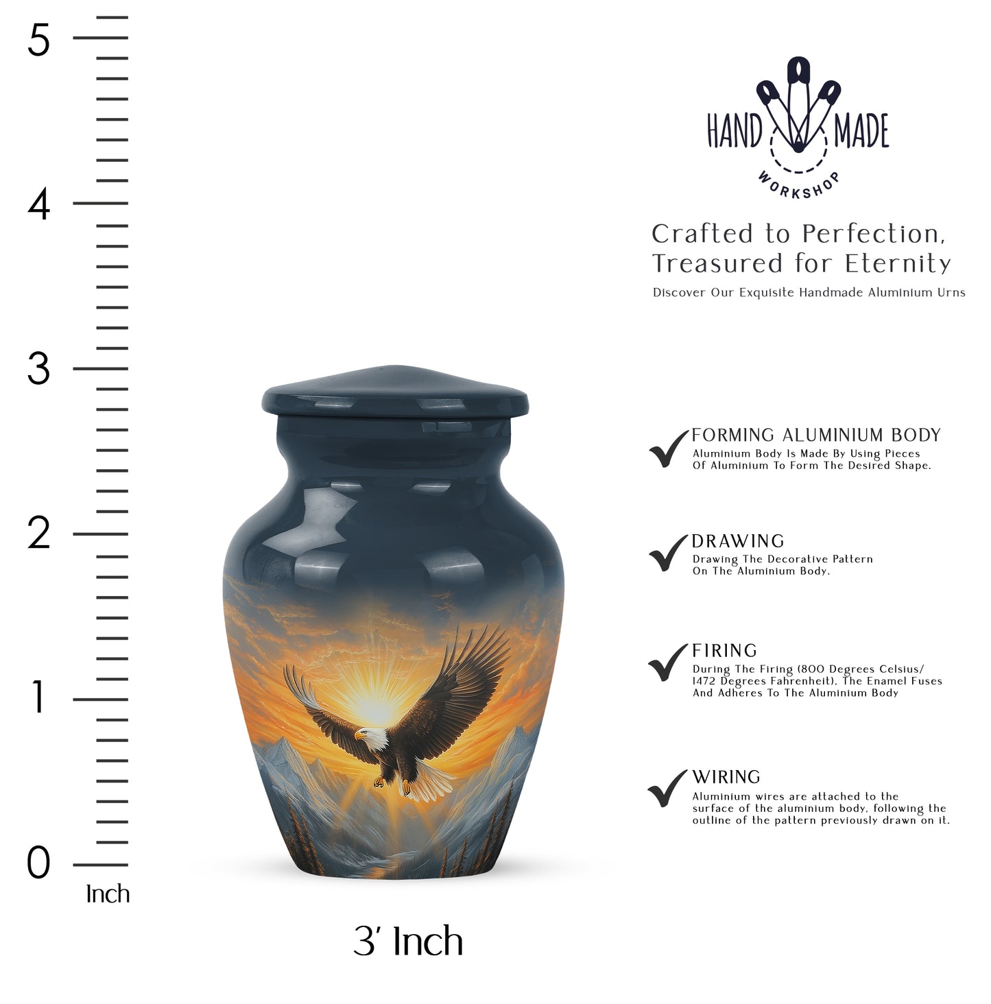 Azure Eagle Cremation Urn close-up of engraving and surface detail - classic sculpted eagle pattern on smooth aluminum - mini keepsake memorial for portion of cremation ashes