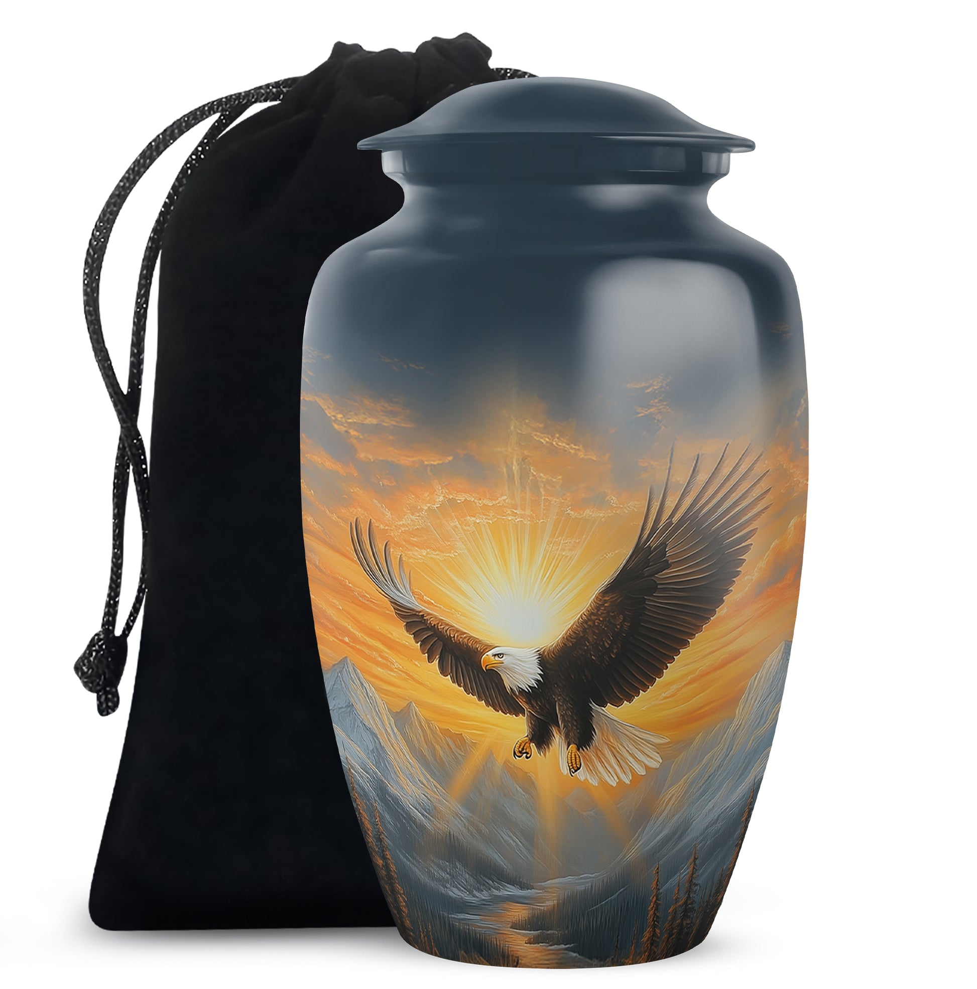 Icy Blue Eagle Cremation Urn angled view of lid and engraved motif - classic sculpted eagle pattern on smooth aluminum - full-size 10 inch 200 cubic inch adult cremation urn