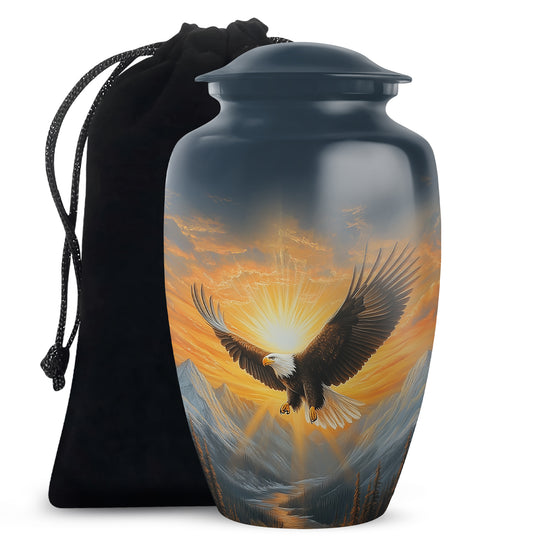 Icy Blue Eagle Cremation Urn angled view of lid and engraved motif - classic sculpted eagle pattern on smooth aluminum - full-size 10 inch 200 cubic inch adult cremation urn