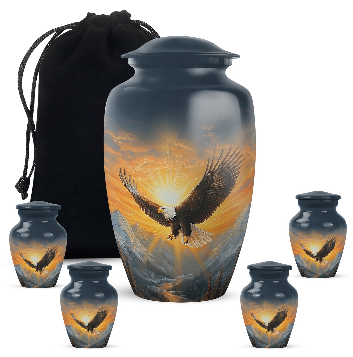 Calming Blue Eagle Cremation Urn top-down view of secure threaded lid - traditional eagle engraving with hand-polished finish - memorial set with one large and four small urns