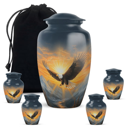 Calming Blue Eagle Cremation Urn top-down view of secure threaded lid - traditional eagle engraving with hand-polished finish - memorial set with one large and four small urns