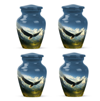 Pastel Blue Eagle Cremation Urn side profile showing urn shape - classic sculpted eagle pattern on smooth aluminum - 10 inch aluminum urn for cremated remains
