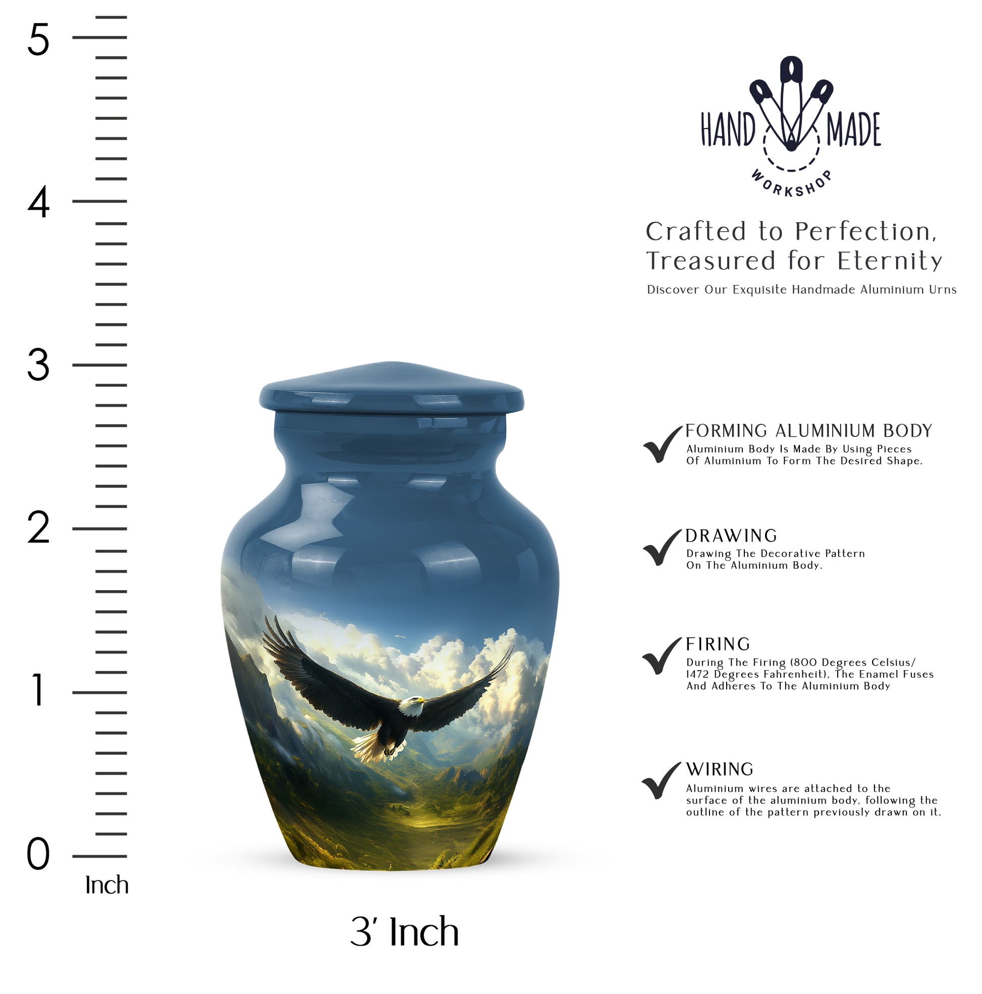Cobalt Blue Eagle Cremation Urn close-up of engraving and surface detail - elegant classic eagle relief with fine detailing - mini keepsake memorial for portion of cremation ashes