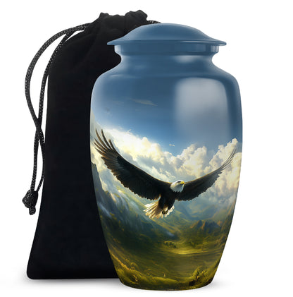 Slate Blue Eagle Cremation Urn angled view of lid and engraved motif - timeless eagle motif etched into premium metal - full-size 10 inch 200 cubic inch adult cremation urn