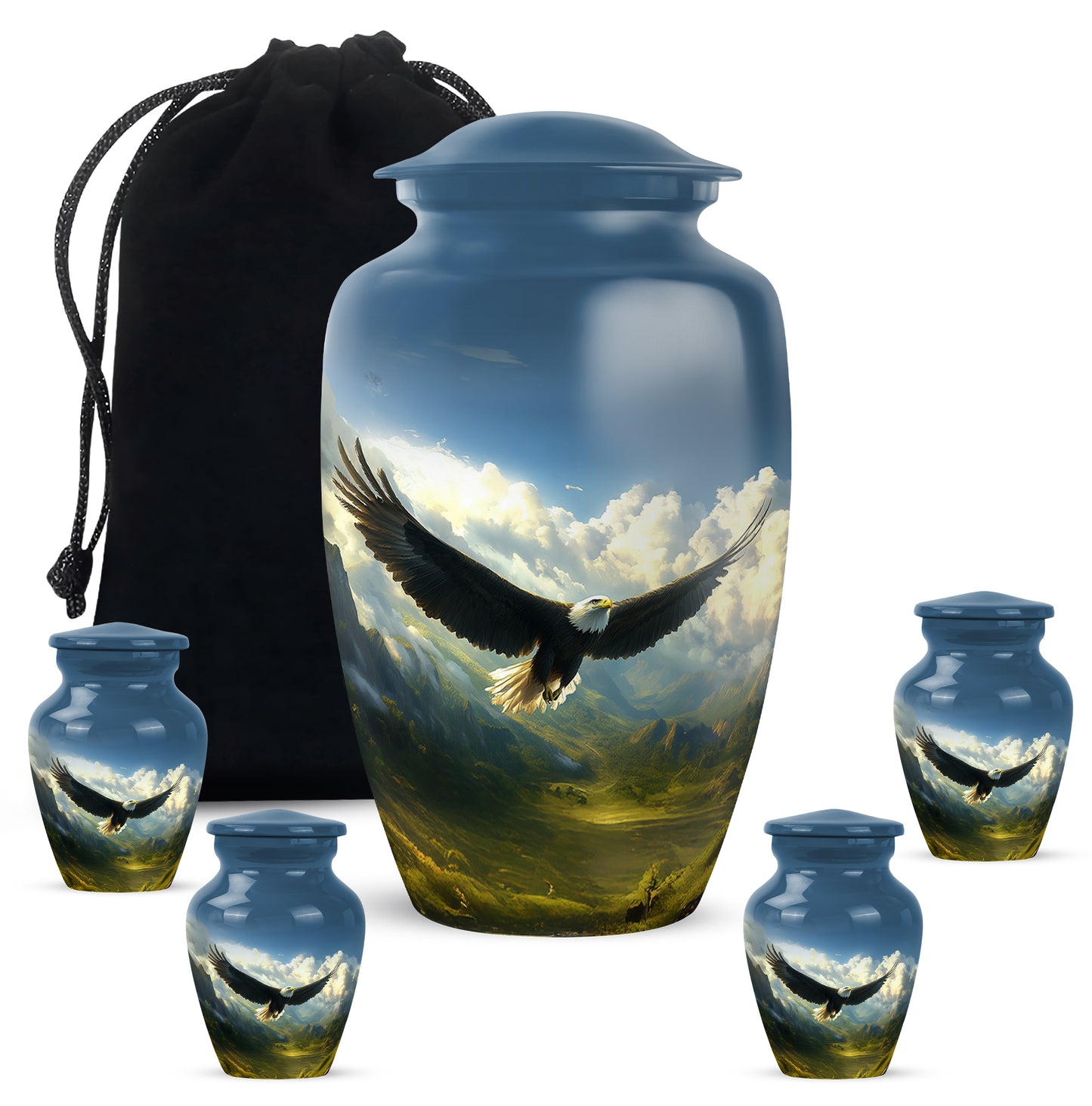 Cornflower Blue Eagle Cremation Urn top-down view of secure threaded lid - traditional eagle engraving with hand-polished finish - memorial set with one large and four small urns