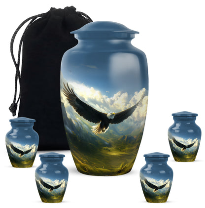 Cornflower Blue Eagle Cremation Urn top-down view of secure threaded lid - traditional eagle engraving with hand-polished finish - memorial set with one large and four small urns