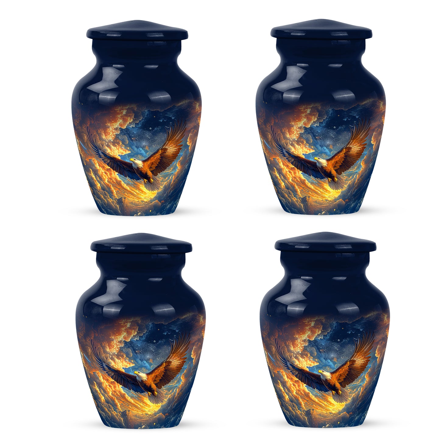 Slate Blue Eagle Cremation Urn side profile showing urn shape - classic sculpted eagle pattern on smooth aluminum - 10 inch aluminum urn for cremated remains