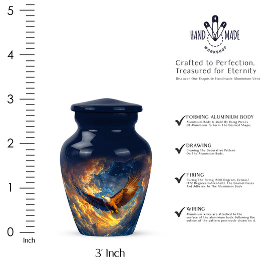 Sapphire Blue Eagle Cremation Urn close-up of engraving and surface detail - traditional eagle engraving with hand-polished finish - mini keepsake memorial for portion of cremation ashes