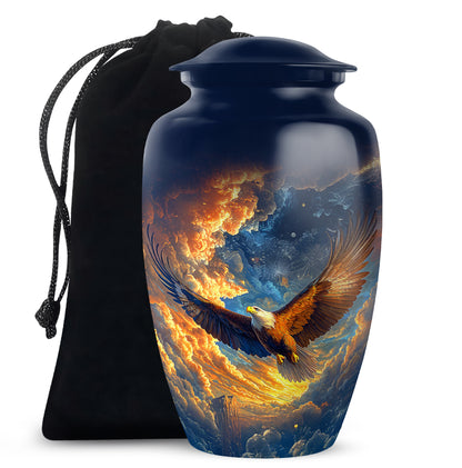 Powder Blue Eagle Cremation Urn angled view of lid and engraved motif - timeless eagle motif etched into premium metal - full-size 10 inch 200 cubic inch adult cremation urn