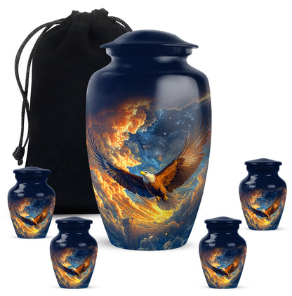 Azure Eagle Cremation Urn top-down view of secure threaded lid - classic sculpted eagle pattern on smooth aluminum - memorial set with one large and four small urns