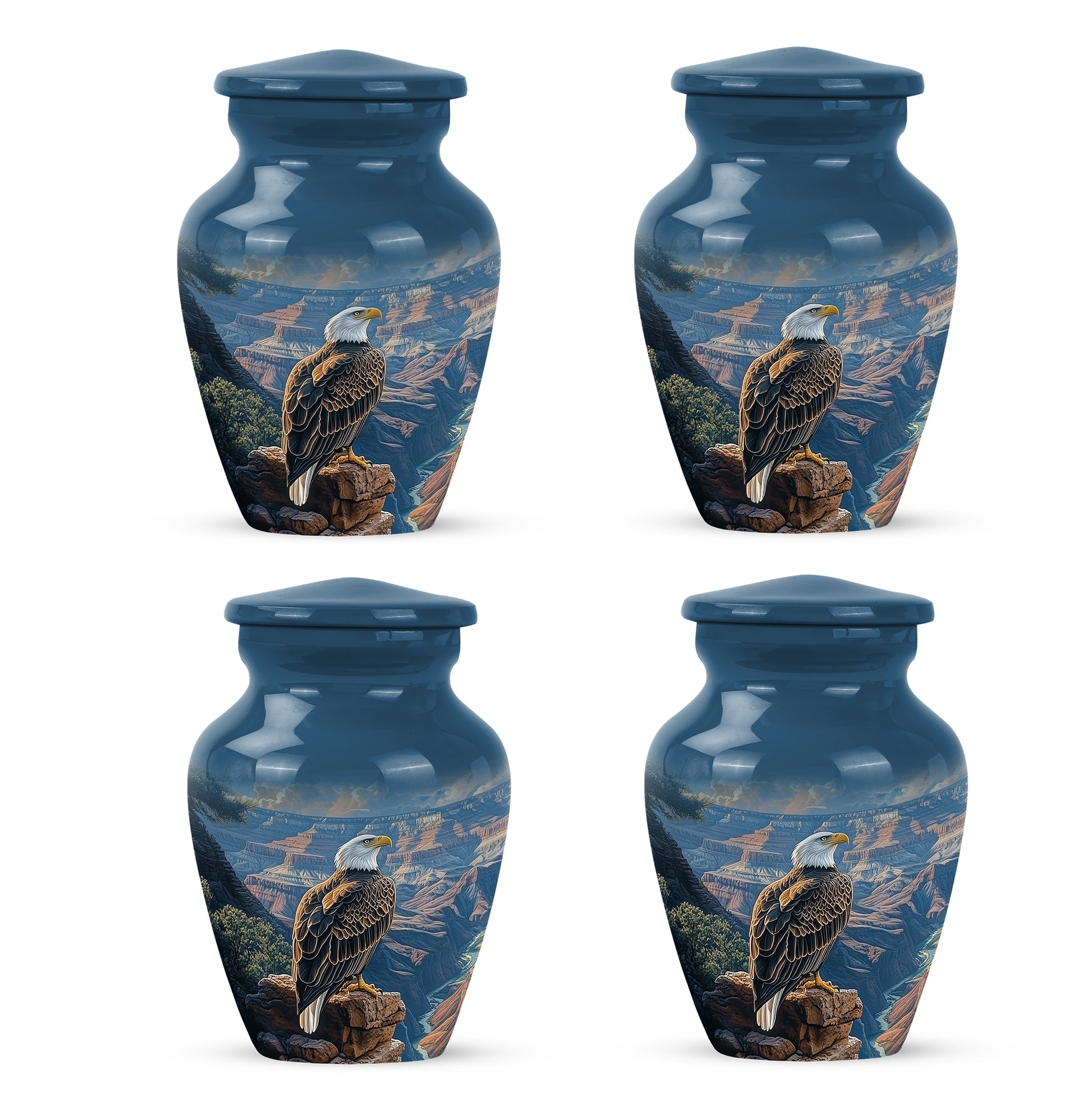 Vivid Blue Eagle Cremation Urn side profile showing urn shape - elegant classic eagle relief with fine detailing - 10 inch aluminum urn for cremated remains