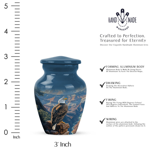 Cobalt Blue Eagle Cremation Urn close-up of engraving and surface detail - traditional eagle engraving with hand-polished finish - mini keepsake memorial for portion of cremation ashes