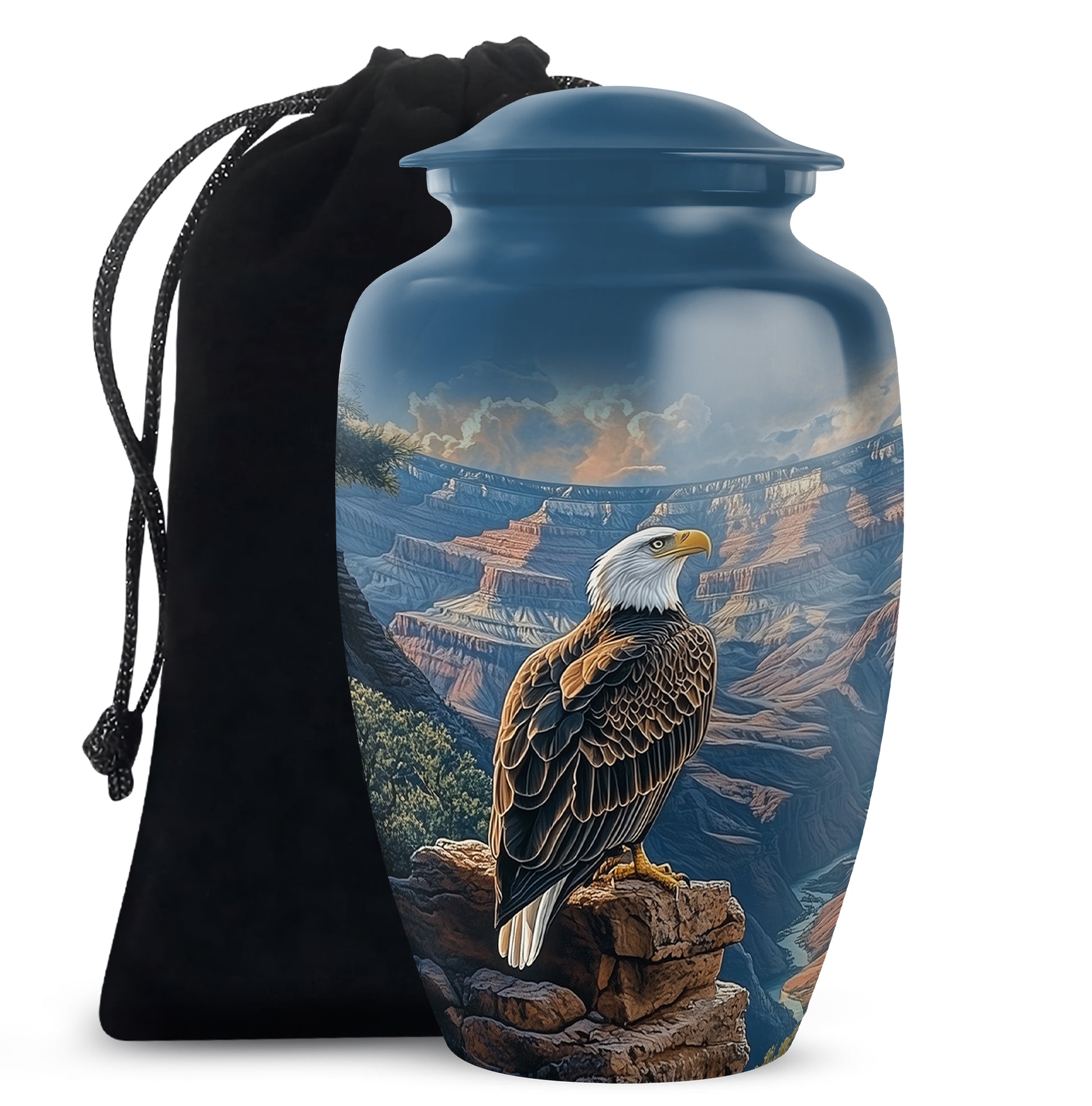Bright Blue Eagle Cremation Urn angled view of lid and engraved motif - elegant classic eagle relief with fine detailing - full-size 10 inch 200 cubic inch adult cremation urn