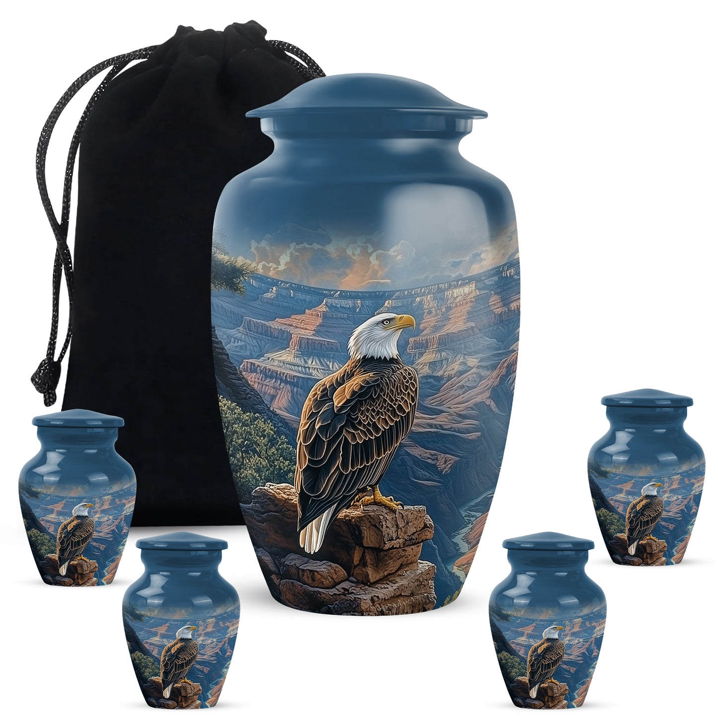 Royal Blue Eagle Cremation Urn top-down view of secure threaded lid - traditional eagle engraving with hand-polished finish - memorial set with one large and four small urns