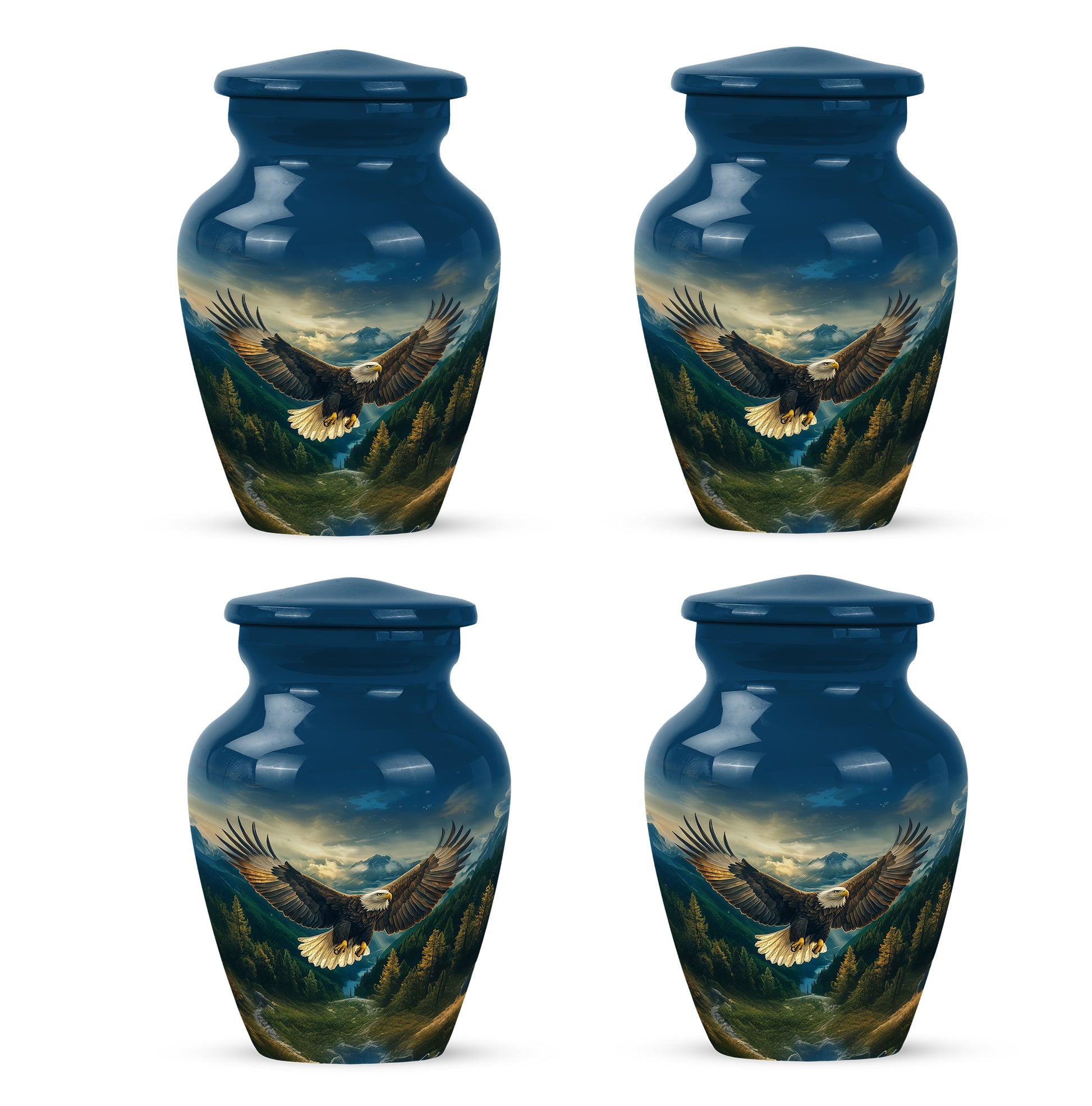 Pastel Blue Eagle Cremation Urn side profile showing urn shape - timeless eagle motif etched into premium metal - 10 inch aluminum urn for cremated remains