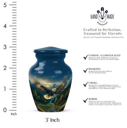 Sky Blue Eagle Cremation Urn close-up of engraving and surface detail - timeless eagle motif etched into premium metal - mini keepsake memorial for portion of cremation ashes