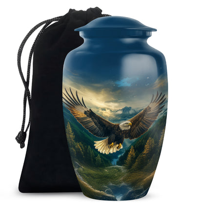 Powder Blue Eagle Cremation Urn angled view of lid and engraved motif - classic sculpted eagle pattern on smooth aluminum - full-size 10 inch 200 cubic inch adult cremation urn