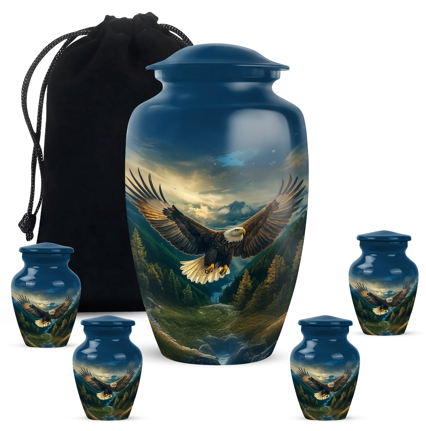 Icy Blue Eagle Cremation Urn top-down view of secure threaded lid - timeless eagle motif etched into premium metal - memorial set with one large and four small urns