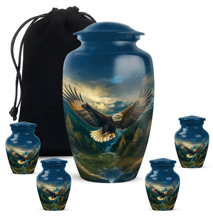 Icy Blue Eagle Cremation Urn top-down view of secure threaded lid - timeless eagle motif etched into premium metal - memorial set with one large and four small urns