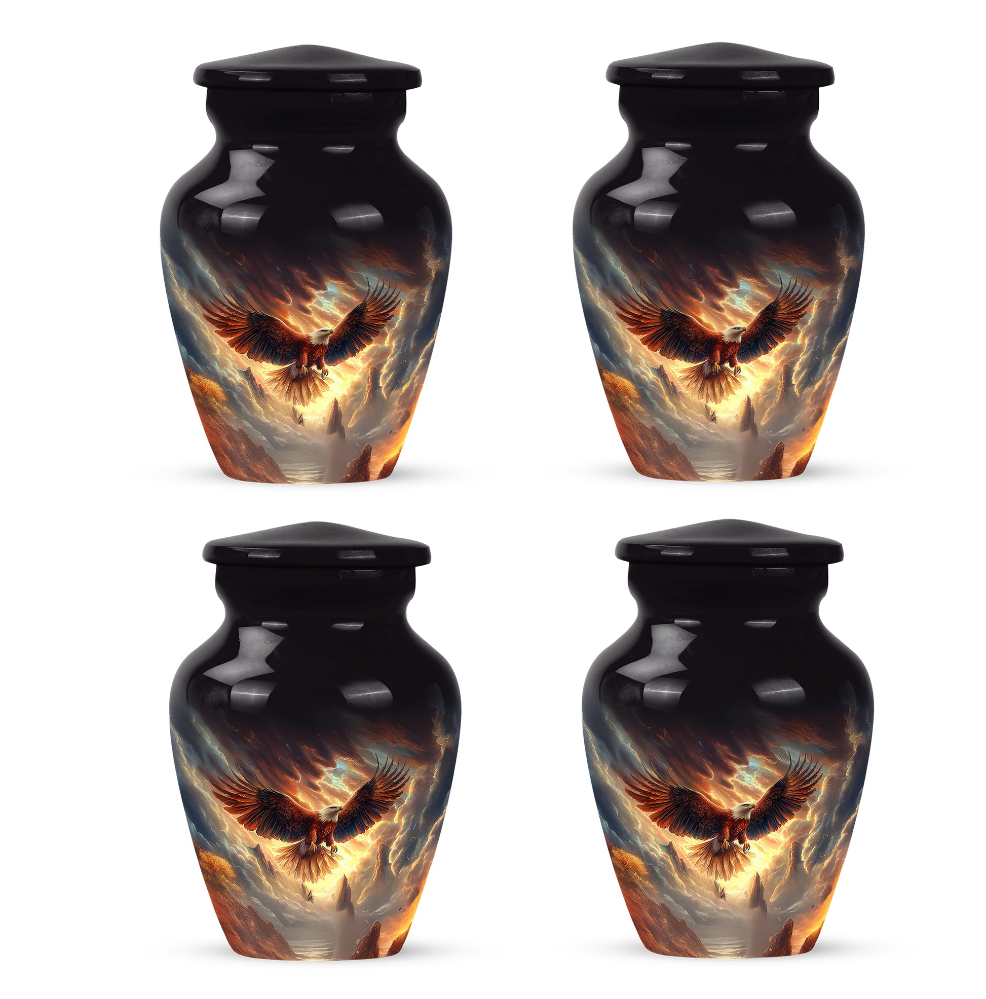 Ebony Eagle Cremation Urn side profile showing urn shape - timeless eagle motif etched into premium metal - 10 inch aluminum urn for cremated remains