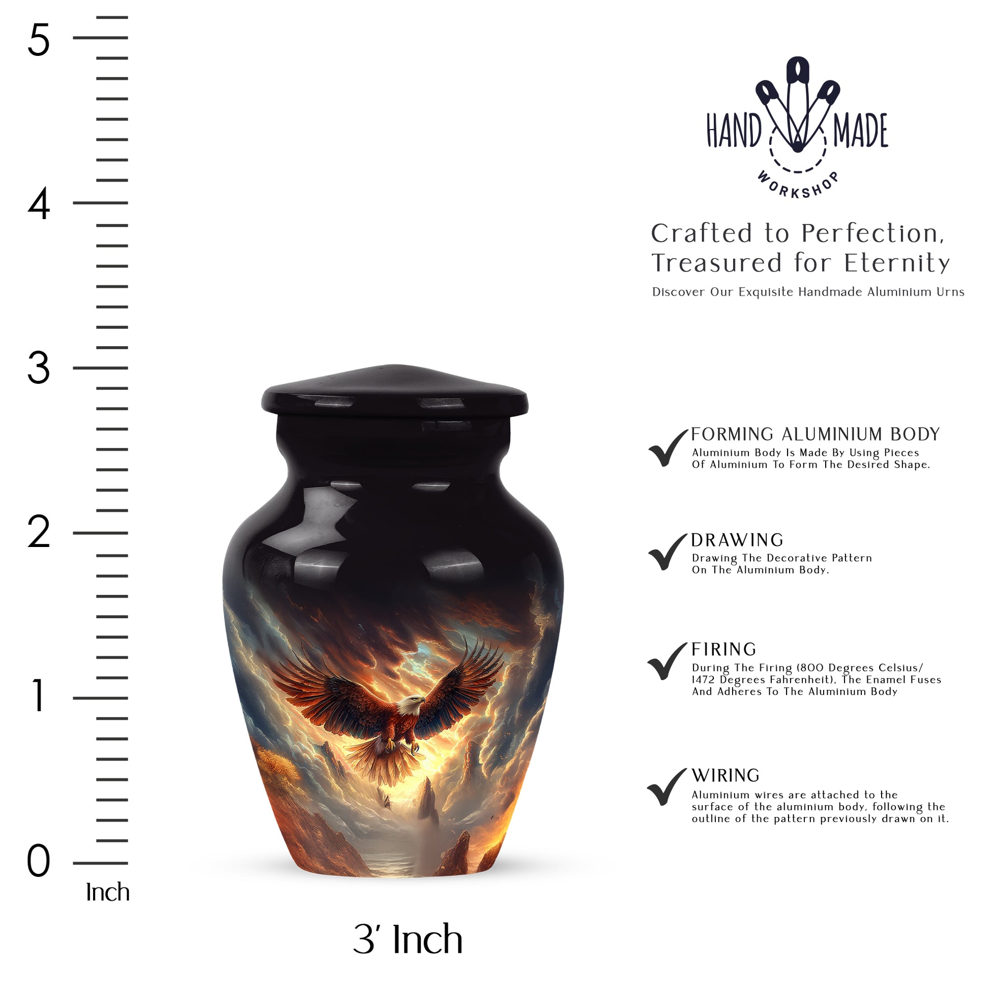 Dark Black Eagle Cremation Urn close-up of engraving and surface detail - traditional eagle engraving with hand-polished finish - mini keepsake memorial for portion of cremation ashes