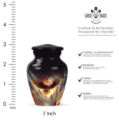 Dark Black Eagle Cremation Urn close-up of engraving and surface detail - traditional eagle engraving with hand-polished finish - mini keepsake memorial for portion of cremation ashes