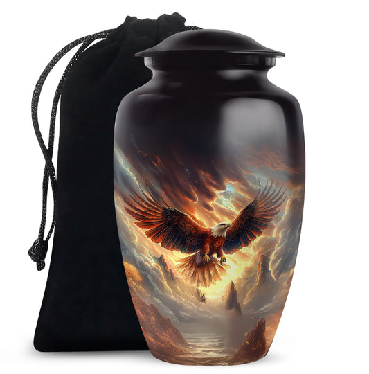 Jet Black Eagle Cremation Urn angled view of lid and engraved motif - timeless eagle motif etched into premium metal - full-size 10 inch 200 cubic inch adult cremation urn