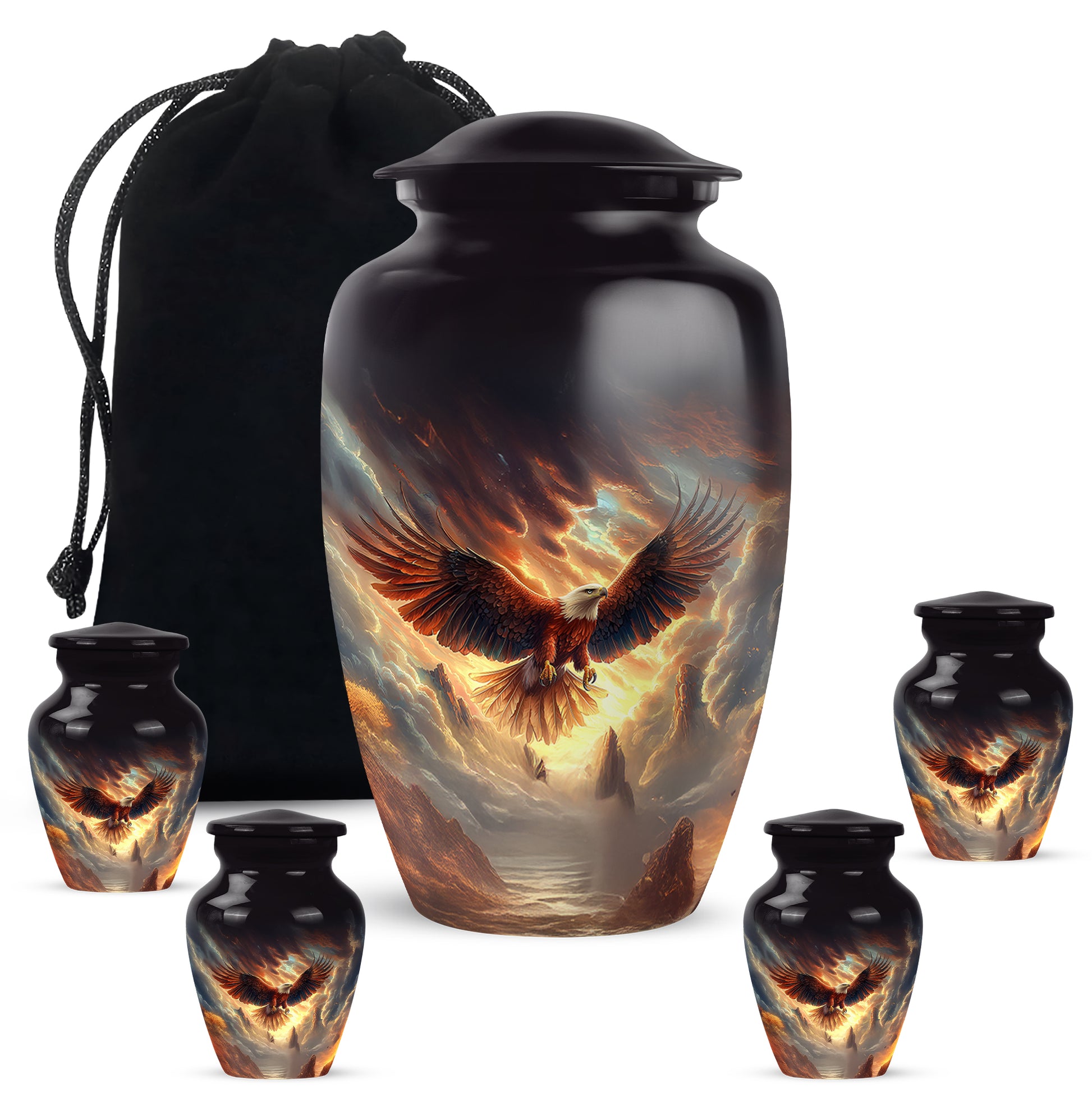 Deep Black Eagle Cremation Urn top-down view of secure threaded lid - classic sculpted eagle pattern on smooth aluminum - memorial set with one large and four small urns