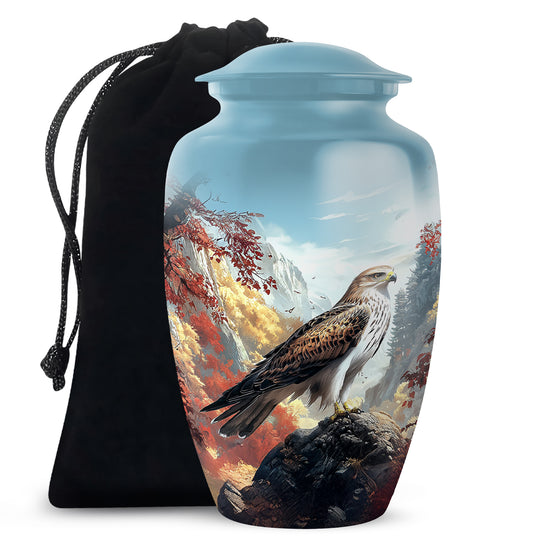 Steel Blue Eagle Cremation Urn angled view of lid and engraved motif - elegant classic eagle relief with fine detailing - full-size 10 inch 200 cubic inch adult cremation urn