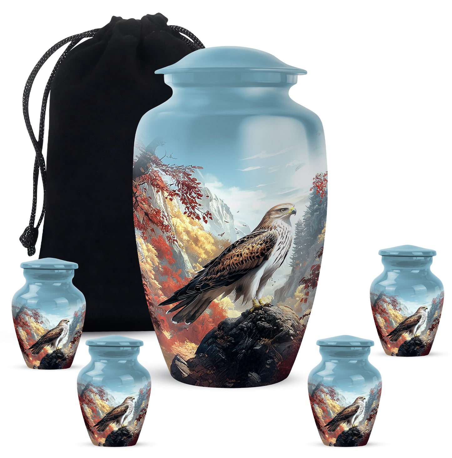 Celestial Blue Eagle Cremation Urn top-down view of secure threaded lid - timeless eagle motif etched into premium metal - memorial set with one large and four small urns