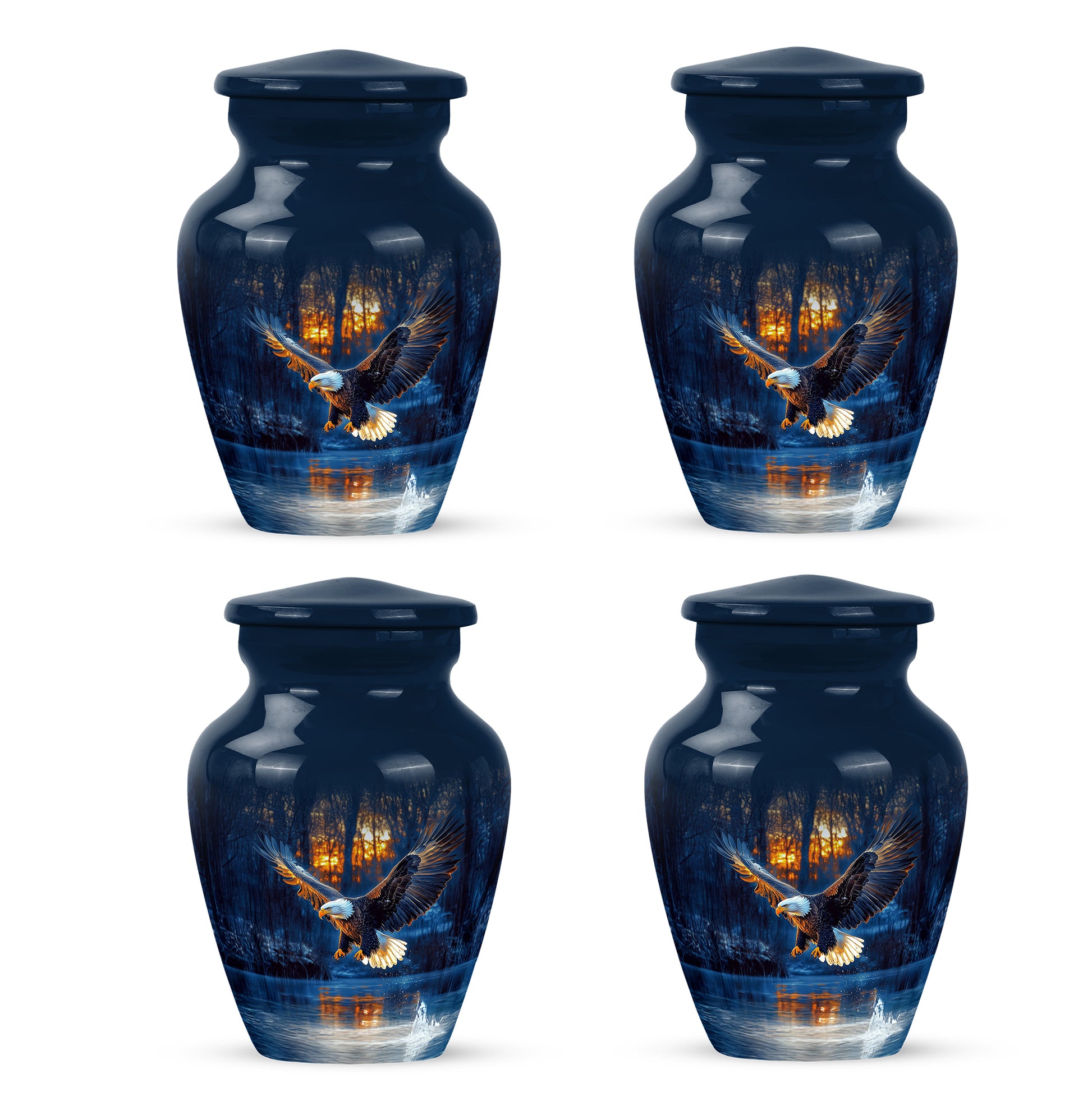 Steel Blue Eagle Cremation Urn side profile showing urn shape - traditional eagle engraving with hand-polished finish - 10 inch aluminum urn for cremated remains