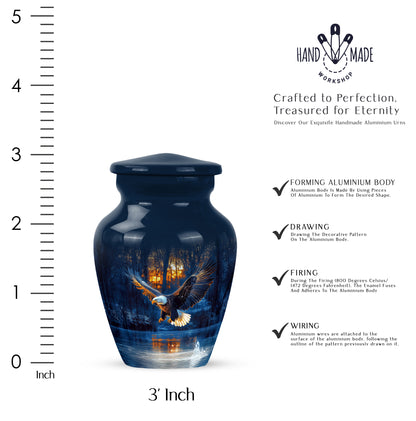 Misty Blue Eagle Cremation Urn close-up of engraving and surface detail - classic sculpted eagle pattern on smooth aluminum - mini keepsake memorial for portion of cremation ashes