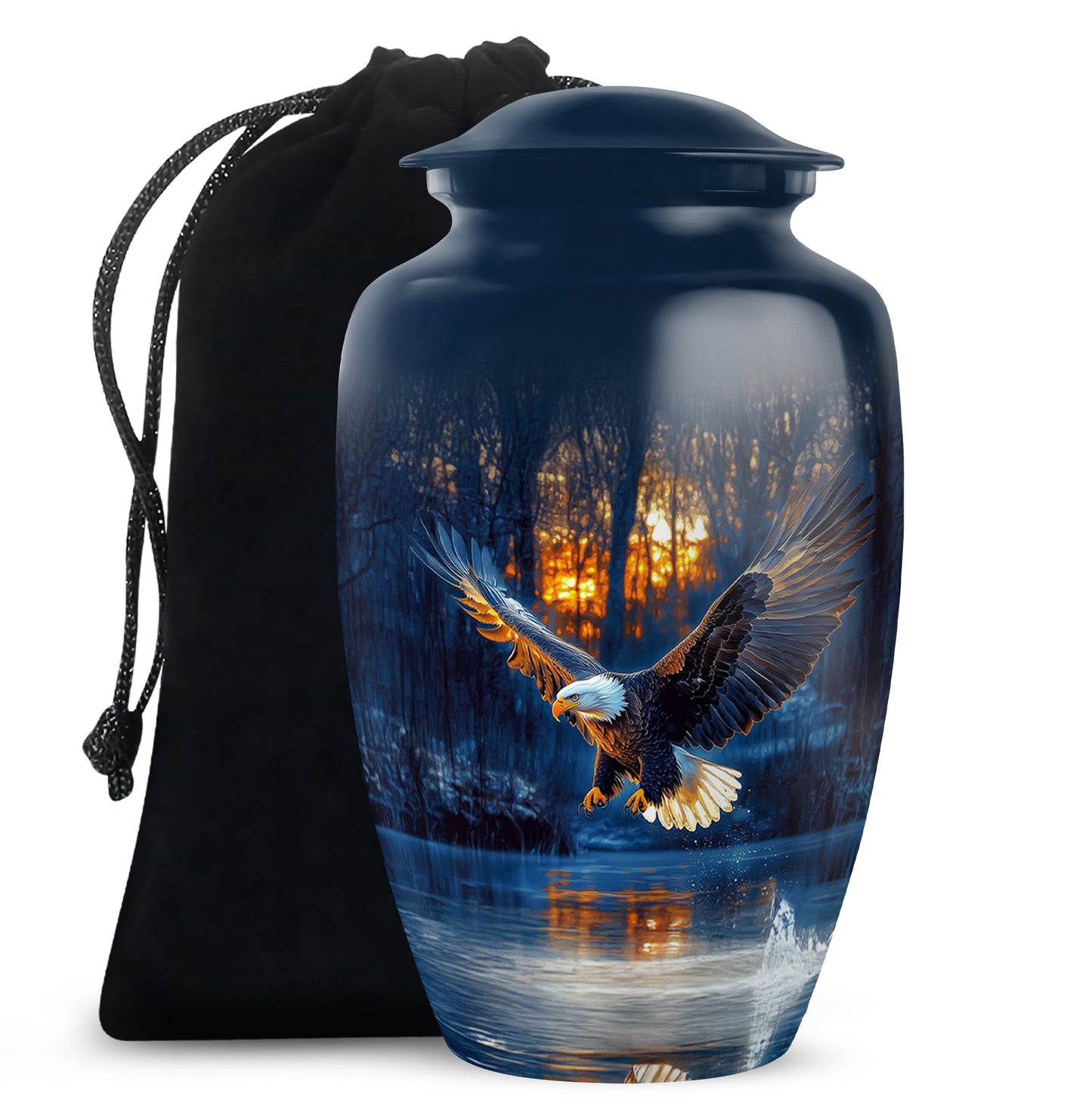 Cornflower Blue Eagle Cremation Urn angled view of lid and engraved motif - traditional eagle engraving with hand-polished finish - full-size 10 inch 200 cubic inch adult cremation urn