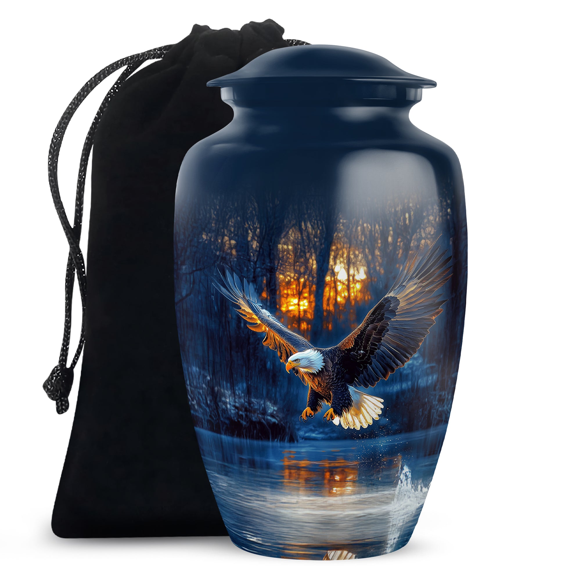 Cornflower Blue Eagle Cremation Urn angled view of lid and engraved motif - traditional eagle engraving with hand-polished finish - full-size 10 inch 200 cubic inch adult cremation urn